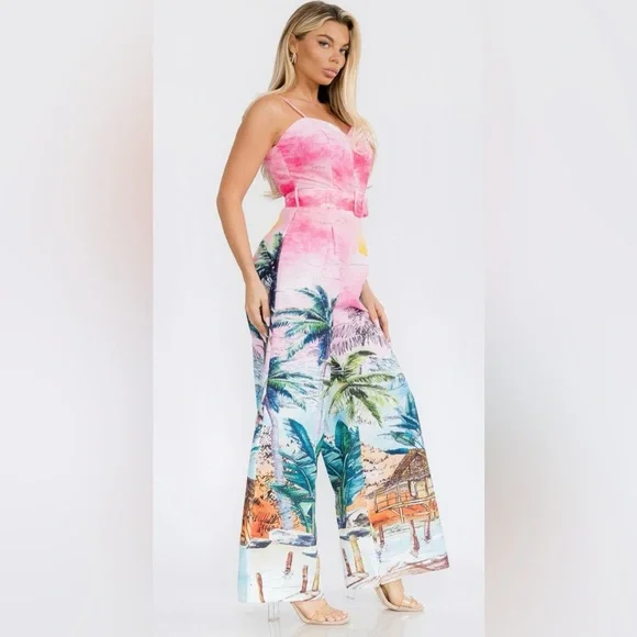 L’Artiste Tropical Print Wide Leg Belted Jumpsuit Pink Resort Medium - Picture 3 of 6